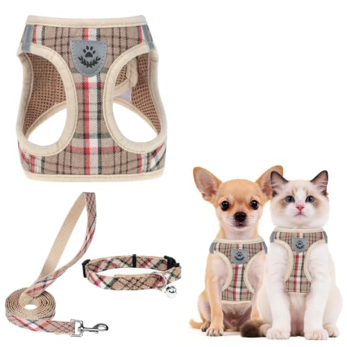 Dog Harness Collar and Leash Set No Pull for Small Medium Sized (Khaki / XXS (CHEST 11.5"-13"))