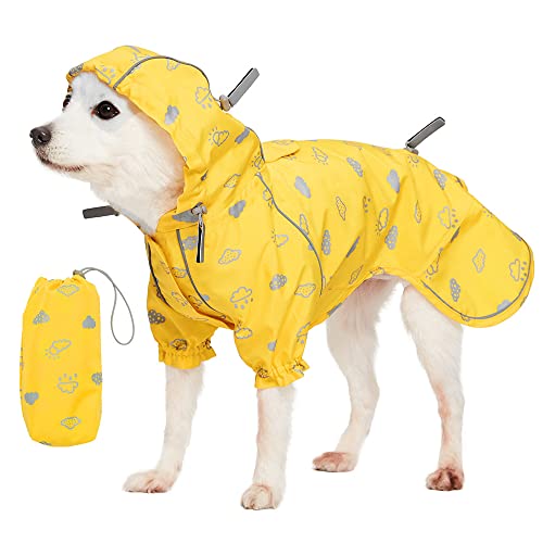 16" Reflective Cloud Prints Lightweight Waterproof Dog Raincoat with Hood & Harness Hole (16 Inch / 2-legged - Yellow, Reflective Cloud Prints)