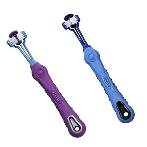 2 Pcs 3 Sided Pet Toothbrush Dog Cat Mouth Dental Teeth Care (Blue&purple)
