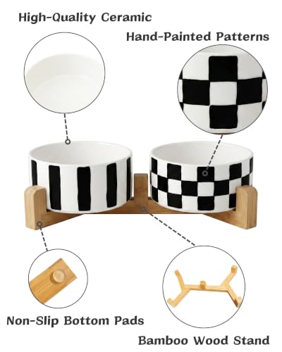 Ceramic Dog Bowl Set of 2 with Wood Stand (M-3.5 Cups / 01-Checkerboard & Stripe)