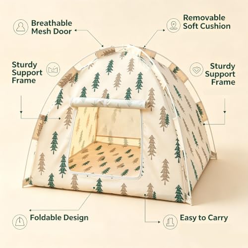 Portable Pet Tent Cave Bed with Removable Washable Mat (Khaki)
