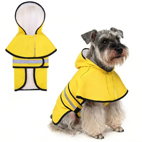 Winter Dog Raincoat Hooded Slicker Poncho with Leash Hole (M:15-20lbs / Yellow(Thick Fleece))