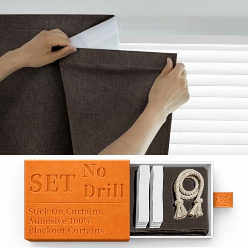 100% Blackout Self Adhesive Portable Curtains for Bedroom Easy to Install Window Thermal Lnsulated Kitchen Room Darkening Small Window Curtains (35"W x 80"L (Pack of 1) / Dark Brown)