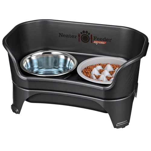 Express Mess Proof Dog Bowls Elevated for Medium and Large Breed (Medium to Large w/ 9 Peak Slow Feed Bowl / Midnight Black)