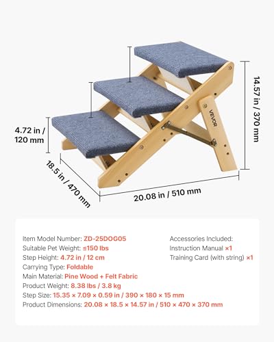 Wood Pet Stairs (Wood Color+Blue / 3-Step Foldable)
