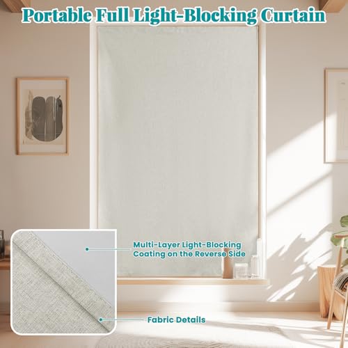 100% Blackout Curtains for Bedroom Stick On Curtain Window Shades Pull Down Blackout Window Cover No Drillng Self Adhesive Curtains No Rod Small Windows (46"W x 72"L (Pack of 1) / Light Beige)