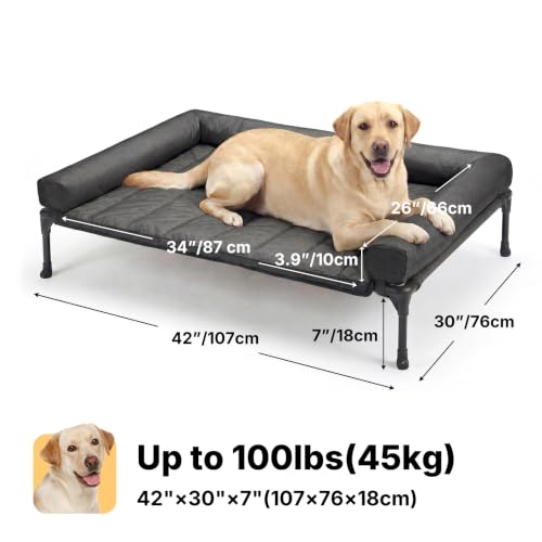 Outdoor Elevated Dog Bed with Waterproof Bolster Cushion (Black Silver / 42.0"L x 30.0"W x 7.0"Th)