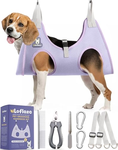 Dog Grooming Hammock Harness for Dogs & Cats with Pet Nail Clipper Trimmer (L ( Legs Distance : 8-16" / Max W：65lb ) / Purple)