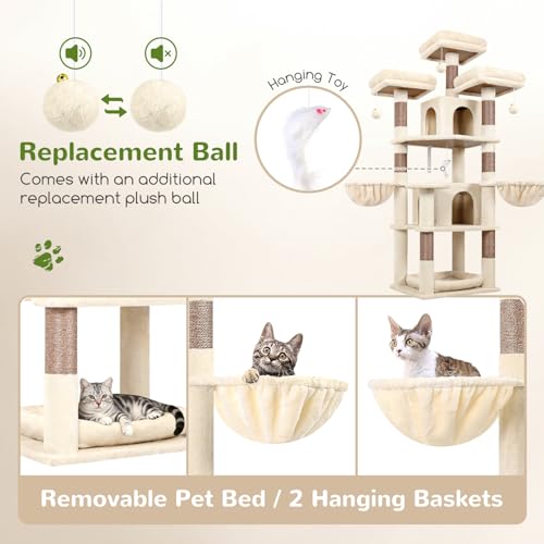 Big XL Cat Tower for Indoor Multiple Cats (Beige / 68 inch)