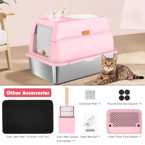 XL Stainless Steel Cat Litter Box with Lid (Pink)