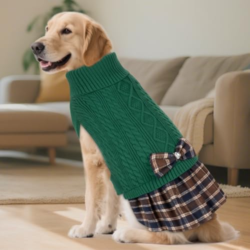 Dog Sweater Dress for Medium Large Dogs Turtleneck Thick Knit (XX-Large (40-70lbs) / 08# Green)