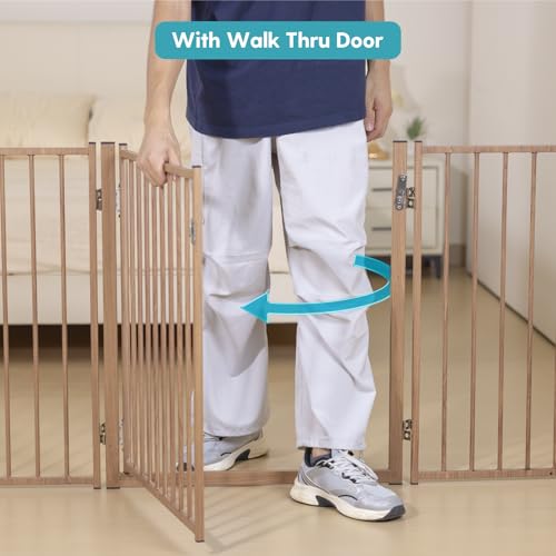 Freestanding Dog Gate with Door for Indoor & Outdoor (Brown / 【6 Panels with Door】156"W×30"H)
