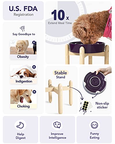 Ceramic Slow Feeder Dog Bowls Elevated (Maze Purple+Stand / L-3 Cups)