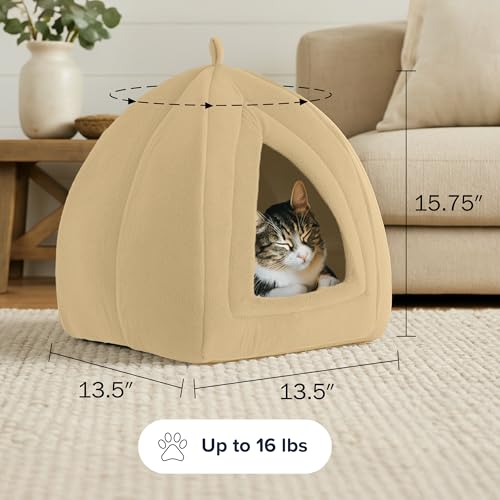 Cat House Indoor Bed with Removable Foam Cushion (Tan)