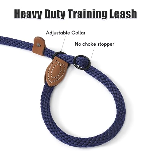 Heavy Duty Slip Lead No Pull Leash w Leather (Navy / 4 Feet)