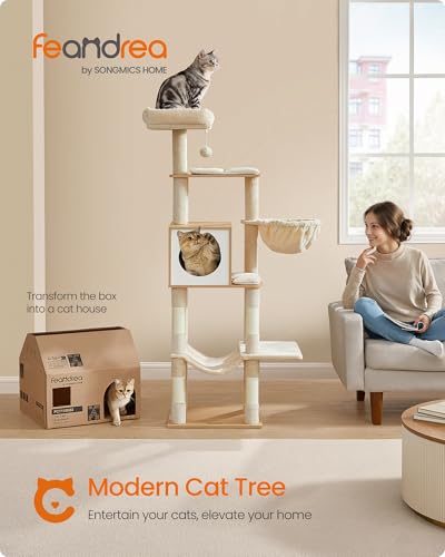 Cat Tree, 65-Inch Tall Cat Tower, Multi-Level Condo with Cave (Almond Yellow)