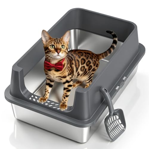 XL Open Top Stainless Steel Litter Box Large with High Sides (Dark Gray)