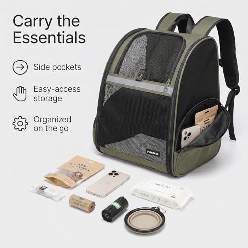 Cat Backpack Carrier for Small Dogs and Medium cat Puppy Kitten Bunny Pet Carrier Backpack Collapsible with Fully Ventilated Mesh with Safety Leash (DarkGreen / 12.9"L x 10.62"W x 15.5"H)