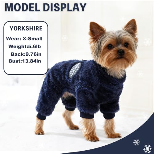 Fleece Dog Pajamas Winter Warm Dog Sweater for Small Dogs Thermal Soft Puppy Pjs Coat Stretchy Jumpsuit Doggie Pet Clothes Outfits Cat Apparel (Navy Blue / X-Small)