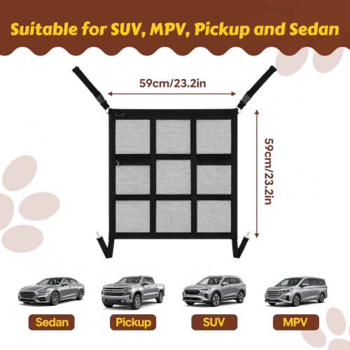 Dog Car Barrier Divider Net with 3 Zipper Storage Bags and Seat Belt