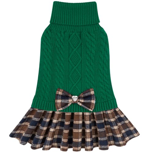 Dog Sweater Dress for Small Dogs Turtleneck Thick Knit Pullover (X-Small (2-4lbs) / 08# Green)