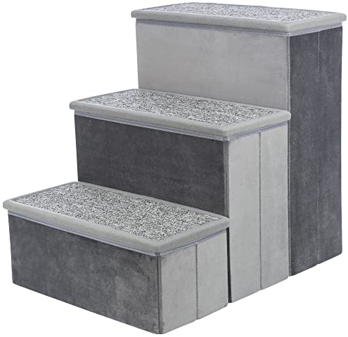 3 Step Velour Pet Stairs (Gray / 15" W x 17.7" H)