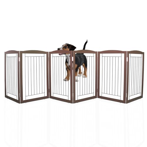 Freestanding Foldable Dog Gate for House Extra Wide Wooden Brown Puppy Gate Stairs Dog Gates Doorways Tall Pet Gate 32 "Height 6 Panels Pet Fence (Brown / 【6 Panels】120''w x 32''h)