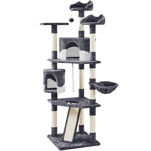 79in Multi Level Cat Tree for Multiple Cats with 9 sisal Posts (Dark Gray and White)
