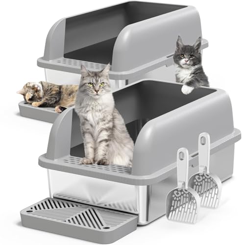 2 Pack XL Enclosed Stainless Steel Cat Litter Box for Multi (2PK Light Grey / Large)