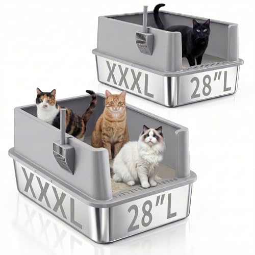 2 Pack 28" Extra Large XXXL Stainless Steel Cat Litter Boxes with Lid Metal Cat Litterbox Pan for Big Cats and Multiple Cats (XXX-Large)
