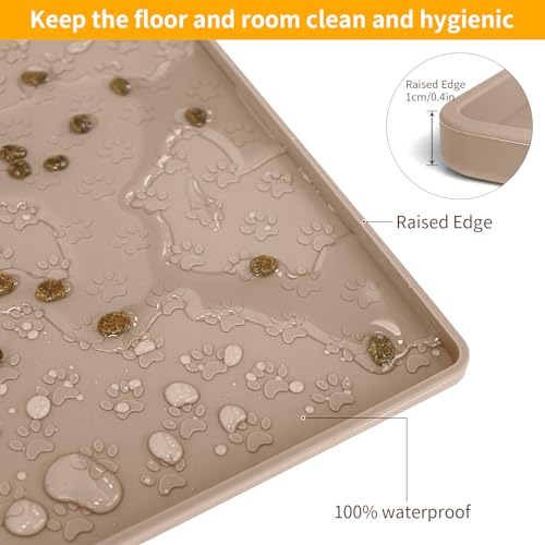 Silicone Dog Food Mat Waterproof Pet Feeding Mat with High (18"L x 12"W / Taupe)