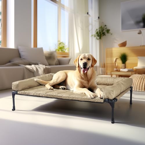 Outdoor Elevated Dog Bed with Waterproof Bolster Cushion (Beige Coffee / 42.0"L x 30.0"W x 7.0"Th)