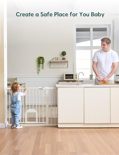 Dog Gate with Adjustable Cat Door (White / 29-43" Wide, 30" Tall)