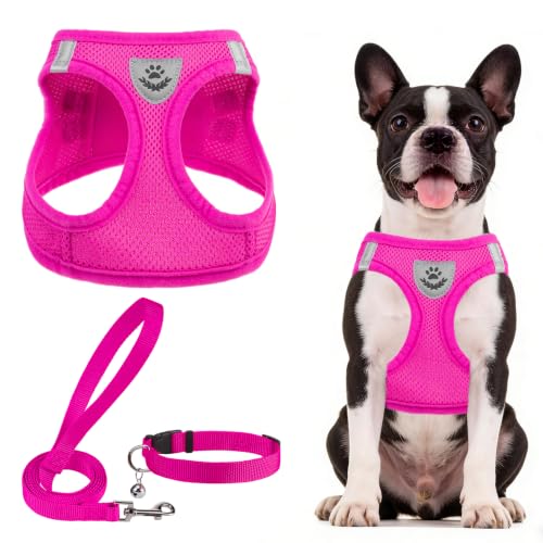 Dog Harness Collar and Leash Set No Pull for Small Medium Sized (Solid DeepPink / M (CHEST 16"-18"))