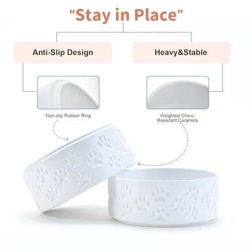 Ceramic Dog Bowls 2 Pack (7.3 in - 5.3 cups / Paw White - Only Bowls*2)