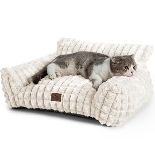 Cat Couch Bed with Fluffy Faux Rabbit Fur for Indoor Cats (Off White / Small: 24"L x 18"W x 10"Th)