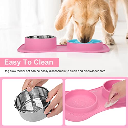 Slow Feeder Dog Bowls 3 in 1 Stainless Steel Food Water Bowl to Slow Eating (Small ＆ Medium Breed / Pink)