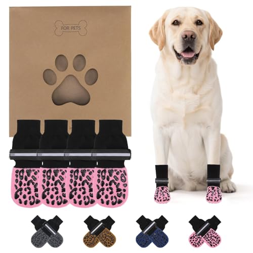 Anti Slip Dog Socks to Prevent Licking Paws (Pink Reflective / Large (4 Pack))