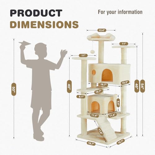 54 Inch Cat Tree Tower with Natural Sisal Scratching Post (Cream / 54IN)