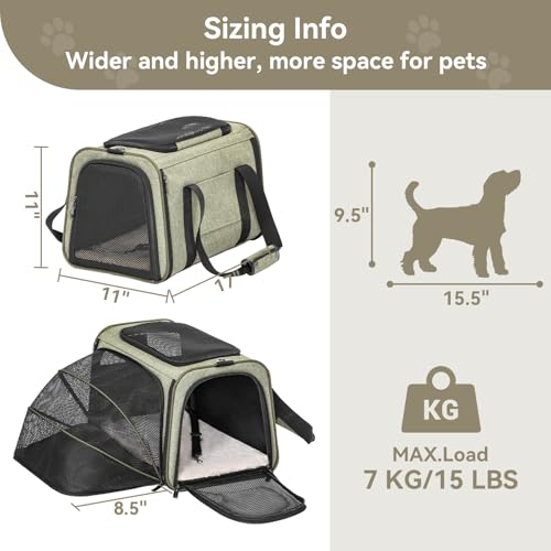 Medium Expandable Cat Carrier for Air Travel (17.0"L x 11.0"W x 11.0"H / Green)