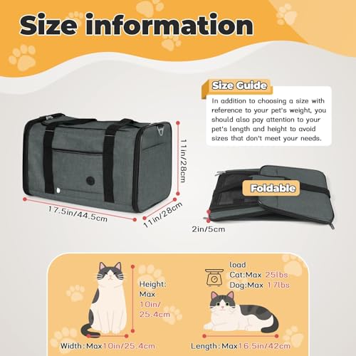 2 Packs 25 lbs Soft Sided Pet Carrier for Large Cat & Small Dog (17.5"L x 11.0"W x 11.0"H / Grey green*2)