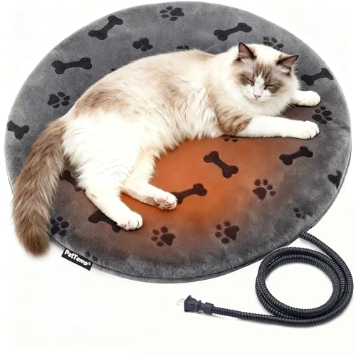 Pet Heating Pad for Cats Dogs Indoor & Sheltered Outdoor Waterproof Heated Cat Bed Heated Dog Bed Chew Resistant Cord Constant Temperature Electric Warming (Grey / Round: 16" x 16" x 1.3")