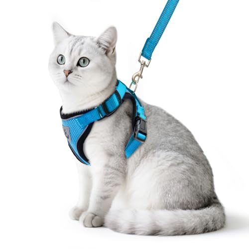Cat Harness and Leash Set Escape Proof Reflective Cat Walking Harness Adjustable Soft Breathable Mesh Vest for Small Pets (S (NECK 9.5"-11", CHEST 13"-16") / Blue)