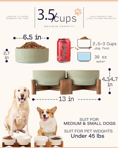 Ceramic Dog Bowls Set with Acacia Wood Stand (Large-3.5Cups / Vintage Grey)