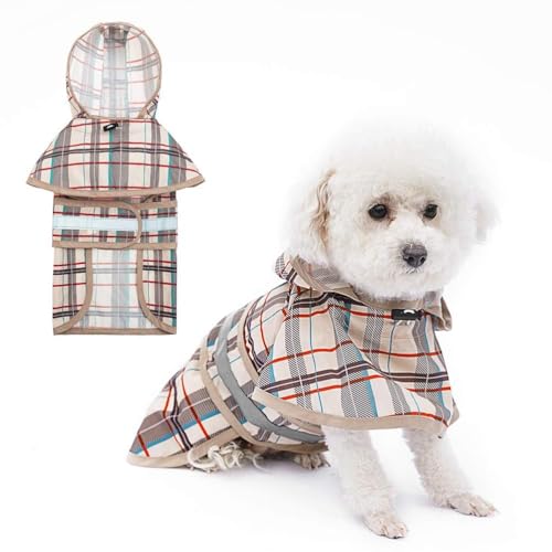Dog Raincoat Hooded Slicker Poncho with Leash Hole (M:15-20lbs / Plaid beige)