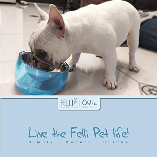 Pet Oblik Acrylic Raised Dog Food Water Bowl Stainless Steel Slanted Oval Dish for Short Leg Puppy & Small Medium Pet (Sapphire / 1.5 Cups Oval Dish)