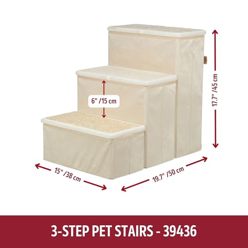3 Step Velour Pet Stairs for Small Dogs & Cats (Beige / 15" W x 17.7" H)
