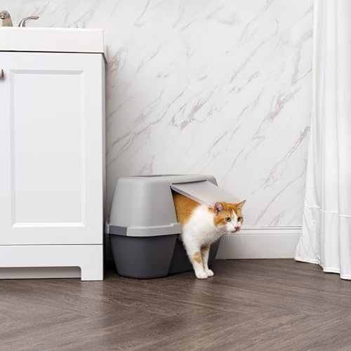 Large Corner Cat Litter Box (Corner Enclosed / Dark Gray w/ Scoop)