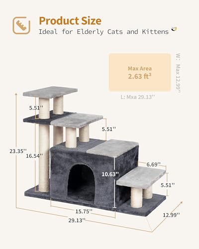 4 Tier Cat Stairs for High Bed with 22'' Cat Scratching Post (Extra Large-Gray)