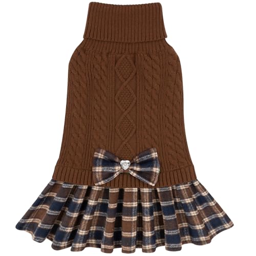 Dog Sweater Dress for Small Dogs Turtleneck Thick Knit Pullover (Large (16-24lbs) / 10# Brown)